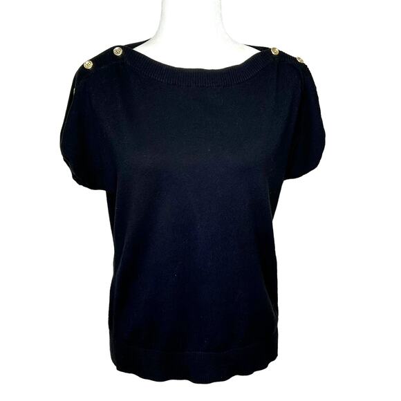Talbots Black Cap Sleeve Gold Button Detail Sweater Large Petite - Picture 1 of 7